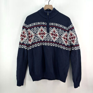 IZOD Sweater Men L‎ Quarter Zip Fair Isle Nordic Winter Pullover Ski Navy Chunky